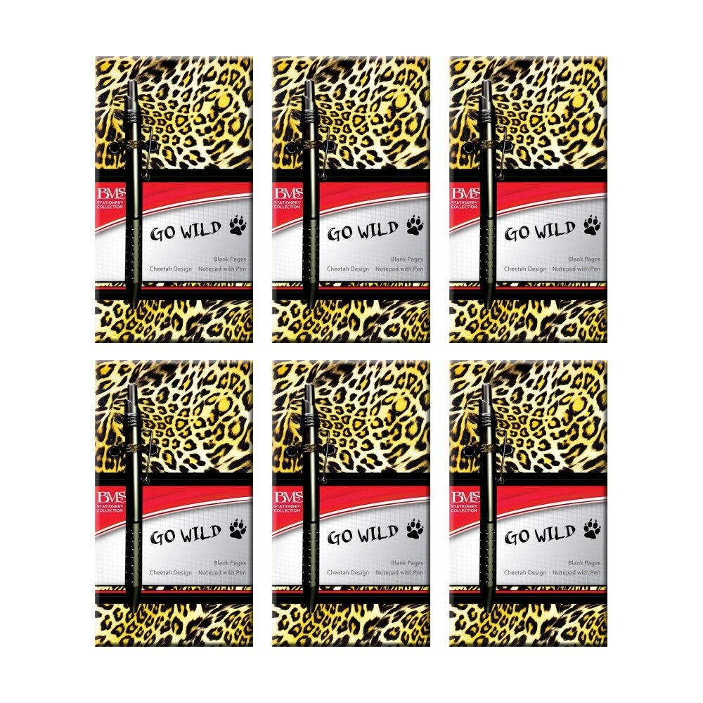 6PK Scribbles Stationery Go Wild Notebook Cheetah Journal Ball Point Pen Incl