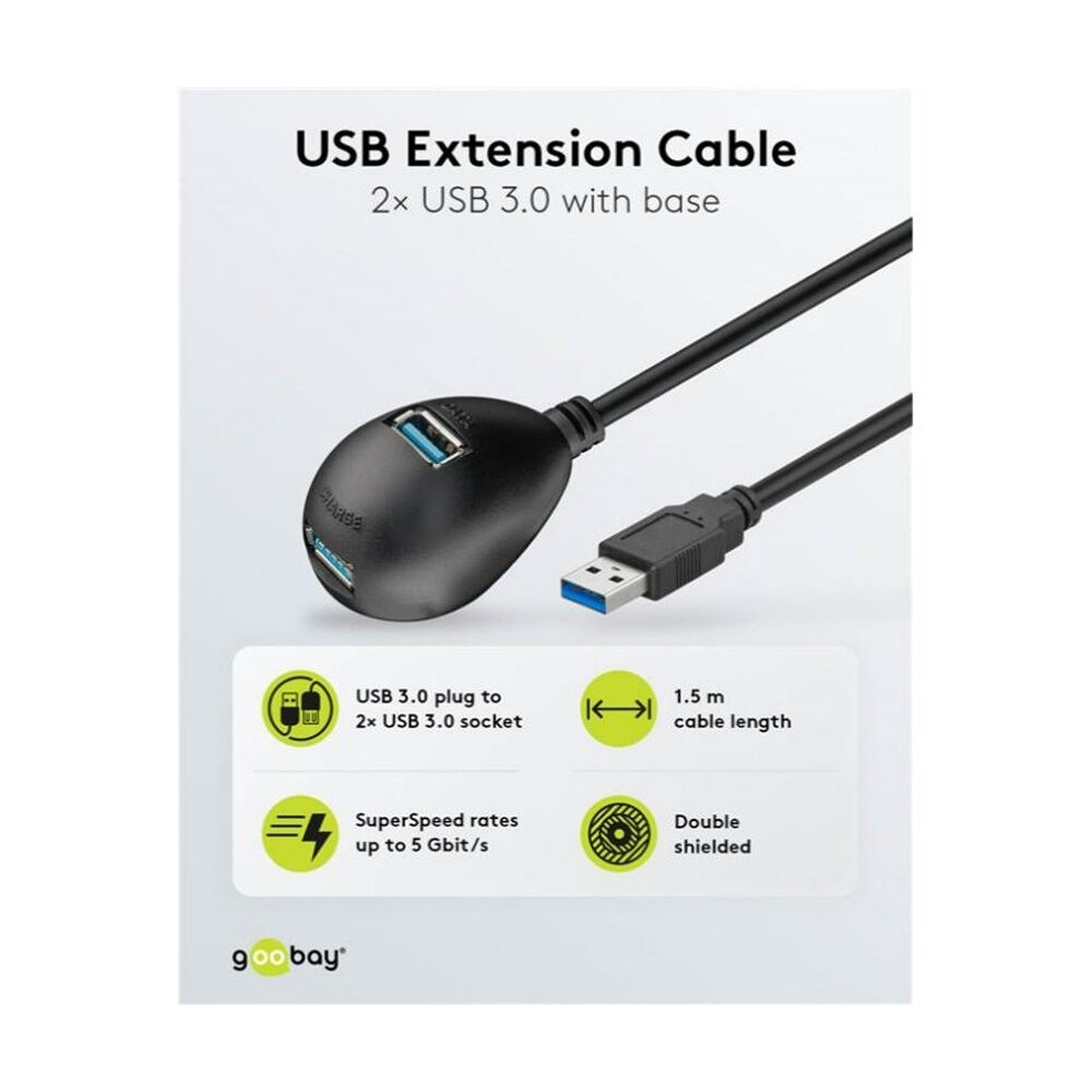 2PK Goobay USB 3.0 Hi-Speed Extension Cable w/ Desktop Foot 1.5m - Black