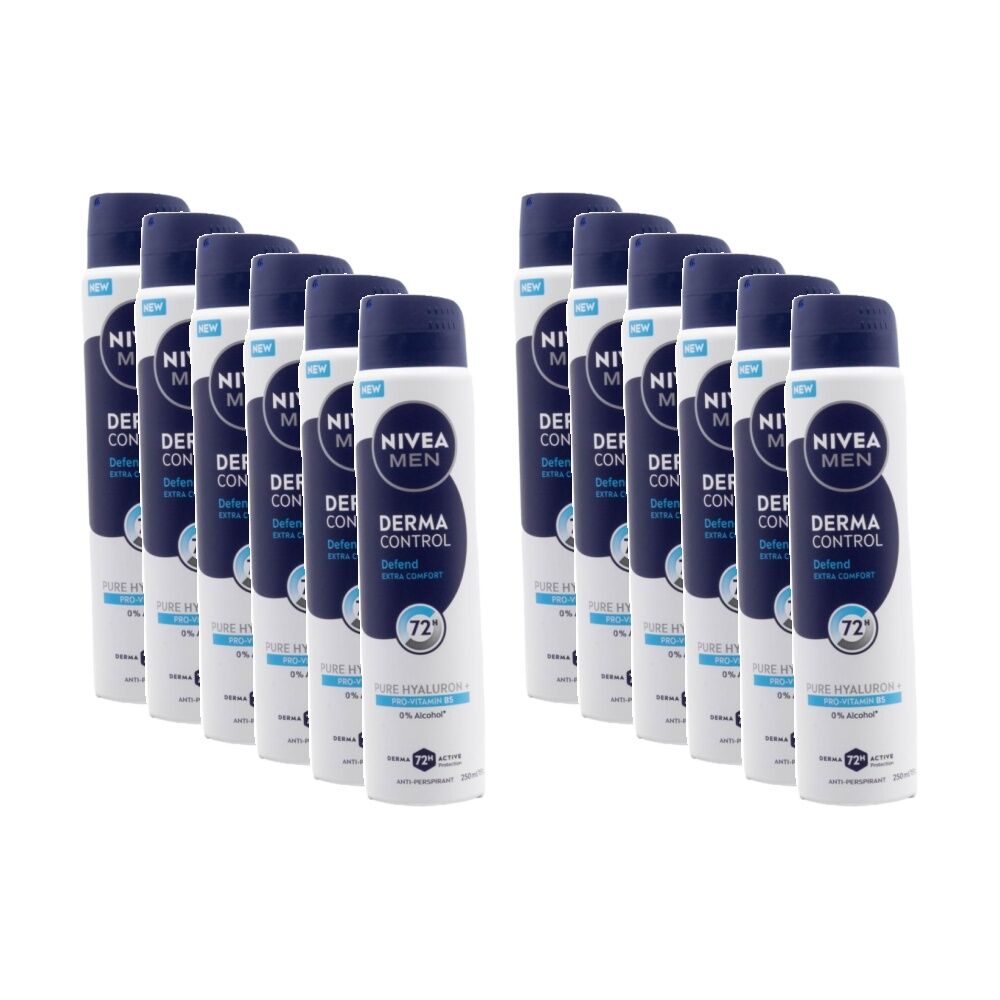 12PK Nivea 72H Antiperspirant Men's Derma Control Spray 250ml Pro Vitamin B5