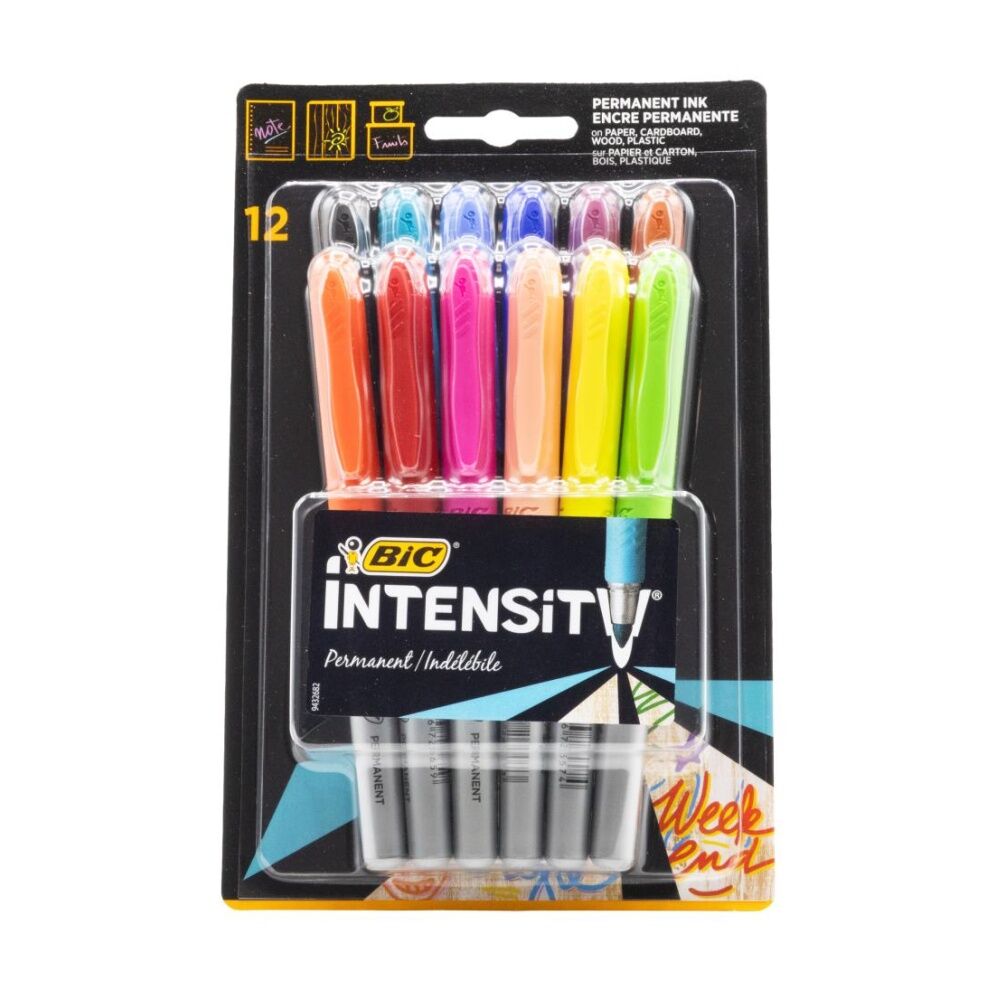 3PK Bic Permanent Ink Pens Intensity Assorted Colours Chisel Tip 12pc