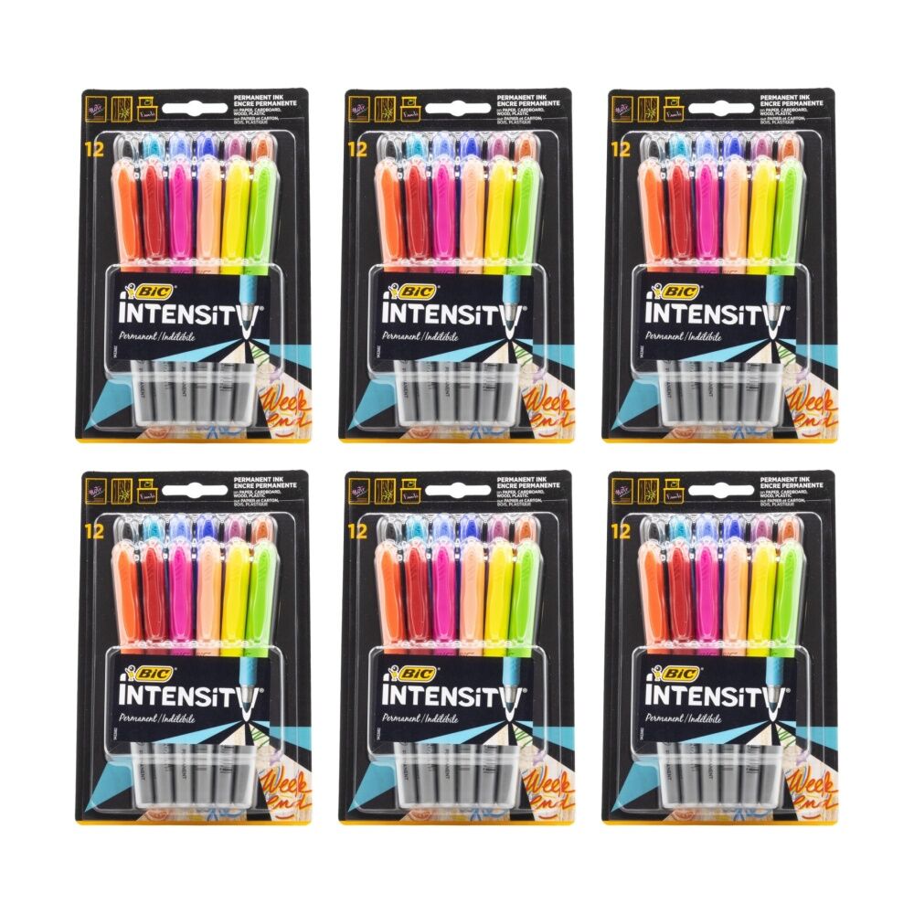 6PK Bic Permanent Ink Pens Intensity Assorted Colours Chisel Tip 12pc