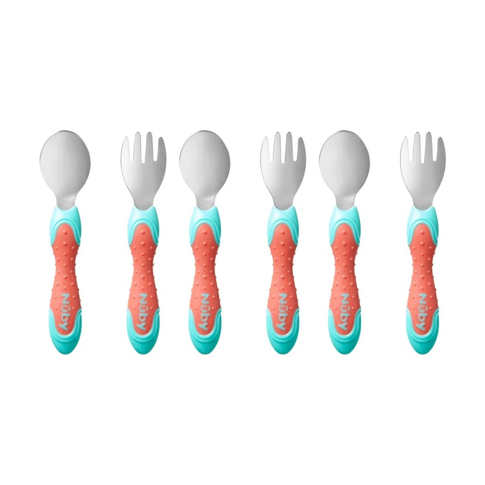 3x 2pc Nuby Stainless Steel Fork & Spoon Set Easy Grip Multicolour 12m+