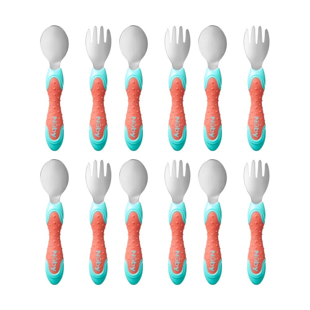 6x 2pc Nuby Stainless Steel Fork & Spoon Set Easy Grip Multicolour 12m+