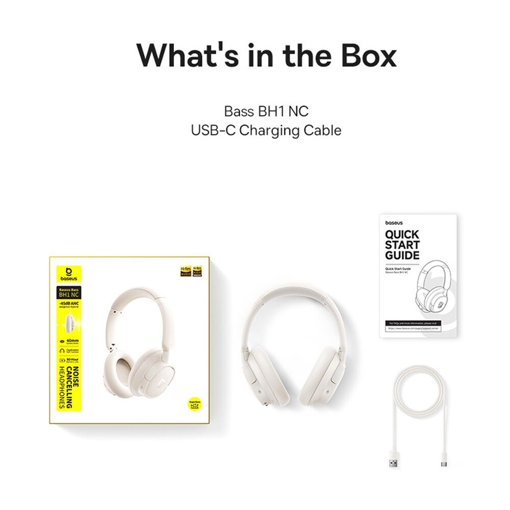 Baseus BH1 NC Wireless Adaptive Noise Cancelling Over-Ear Headphones White