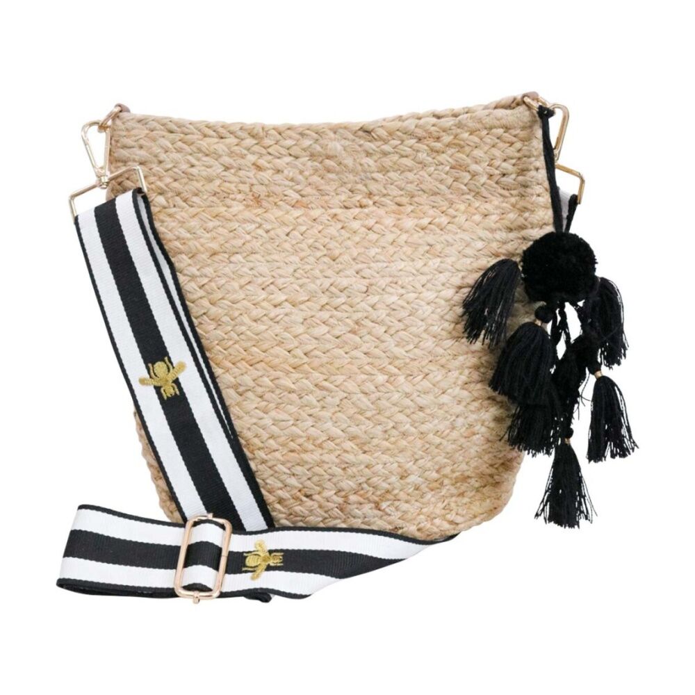 LVD Jute Women Tote W/ Black/White Stripe Bee Cross Body Strap 30x10x27cm