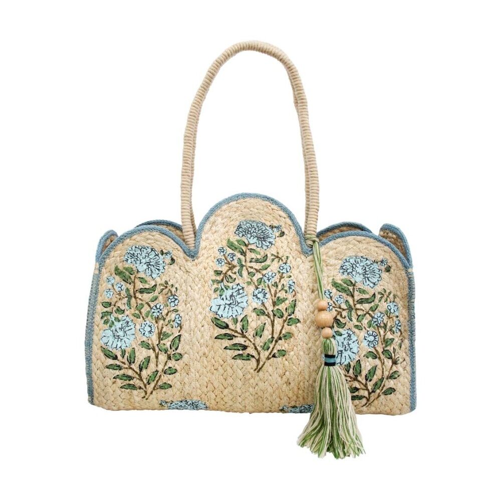 LVD Womens Marcella Blue Flowers Jute Scallop Handbag 40x13x30cm