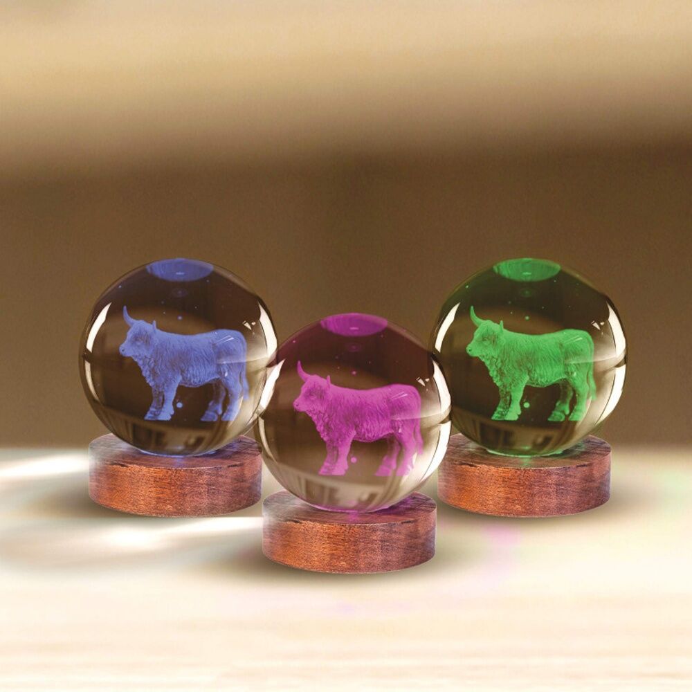 Art + Tech 3D Glass Crystal Ball Multi Colour LED Highland Cow Lamp