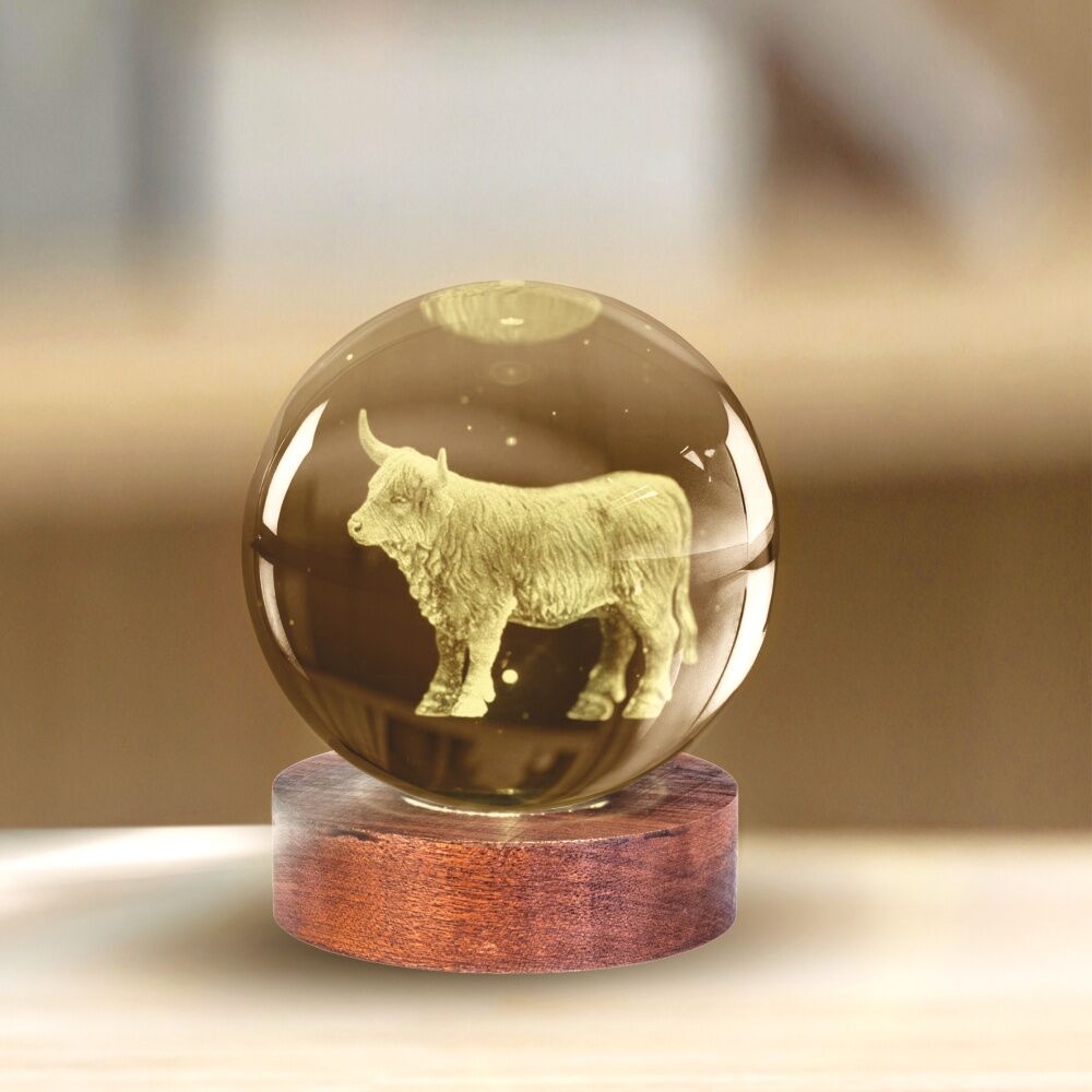 Art + Tech 3D Glass Crystal Ball Multi Colour LED Highland Cow Lamp