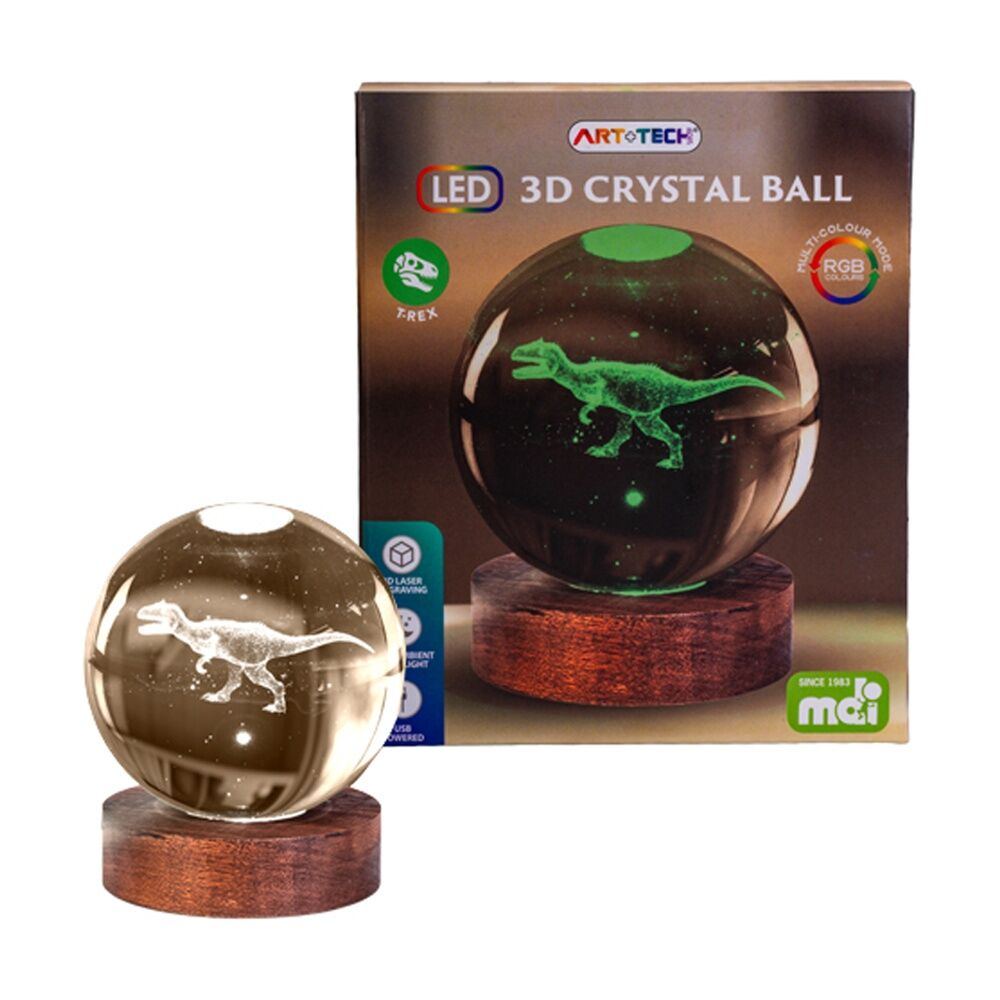 2PK Art + Tech 3D Crystal Ball Colour Changing Lamp USB Powered T-Rex