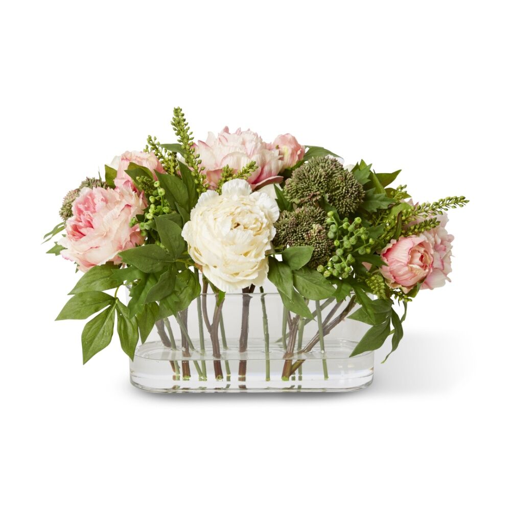 E Style Chloe Peony Mix Artificial Flower Arrangement Rectangle Glass Vase