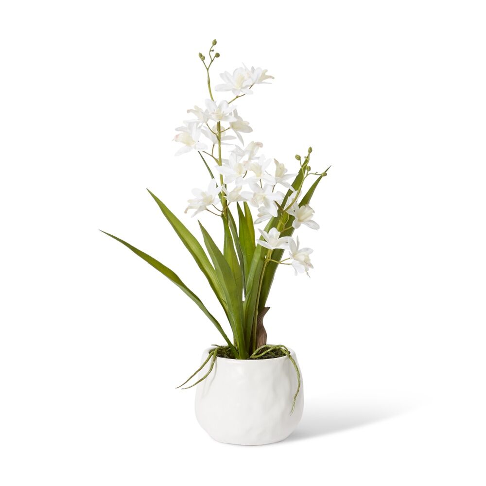 E Style Cymbidium Mini White Orchid Artificial Plant White Vase 17x11x46cm