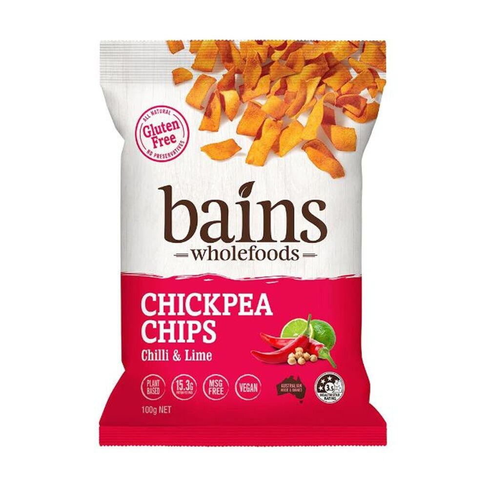 12PK Bains Wholefoods Chickpea Chips Chilli & Lime Flavoured Snack 100g