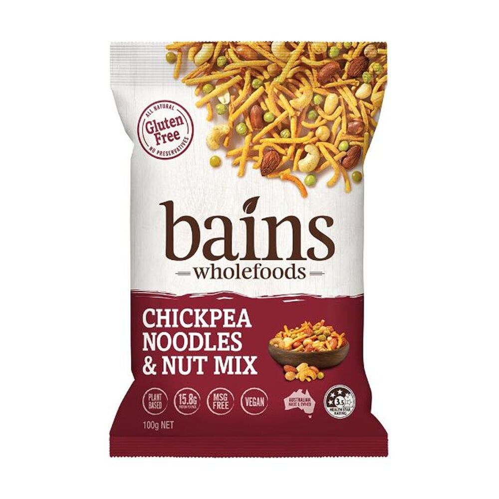 16PK Bains Wholefoods Chickpea Noodle & Nut Mix Flavoured Snack 100g