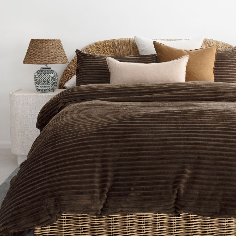 3pc Bambury Channel Quilt Cover Set Soft Plush Warm Bedding Chocolate