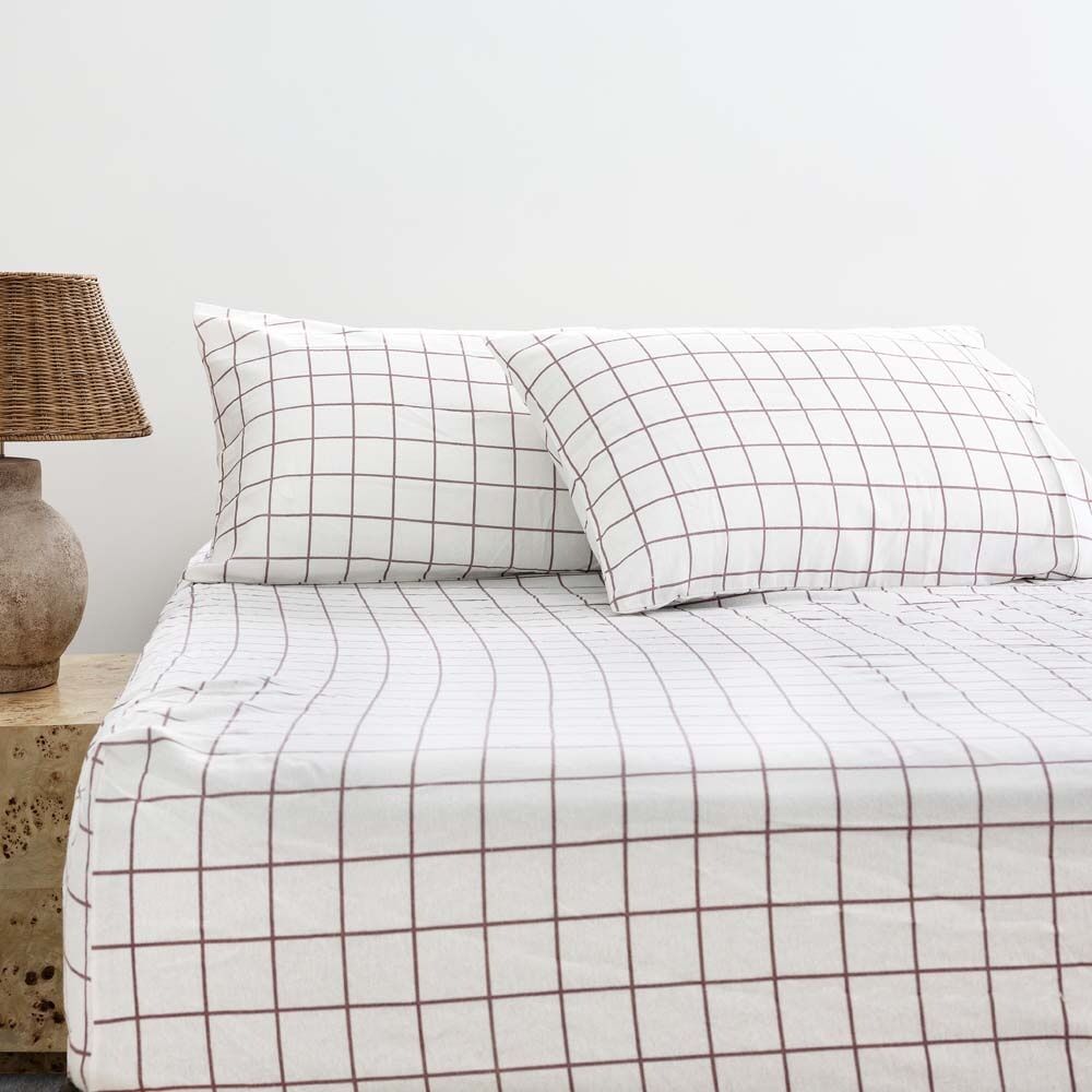 Bambury Grid Boysenberry Flannelette Fitted Sheet Set Cotton Bedding