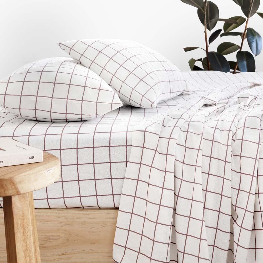 Bambury Grid Boysenberry Flannelette Sheet Set Cotton Bedding