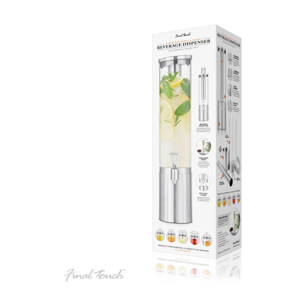 Final Touch Beverage Dispenser Glass Container Stainless Steel Tube 2.5L