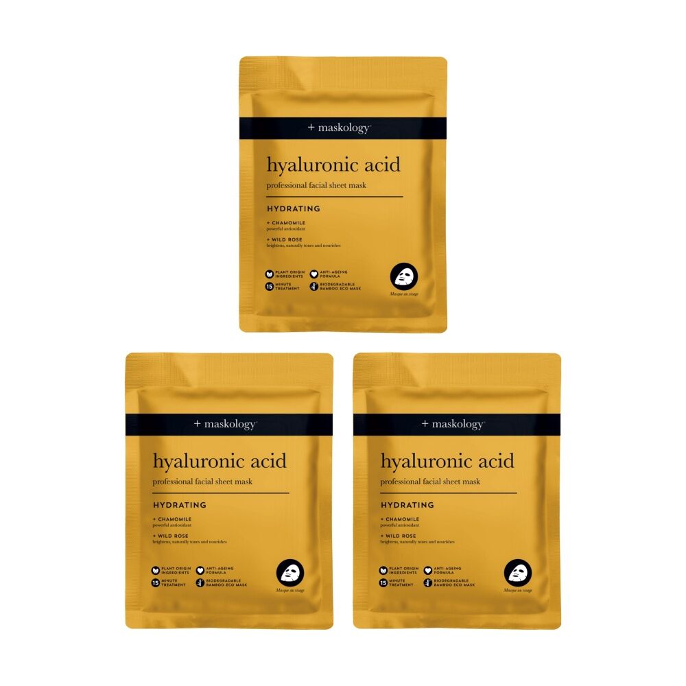 3PK Maskology Hyaluronic Acid Professional Facial Sheet Mask Hydrating Anti-Age