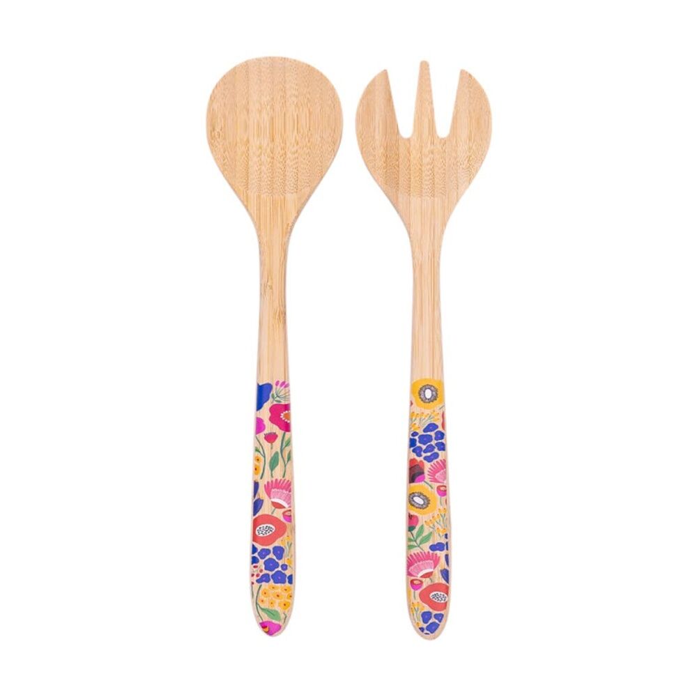 Splosh Billie Salad Servers Bamboo Printed Decal Multi Colour 30x7.5cm