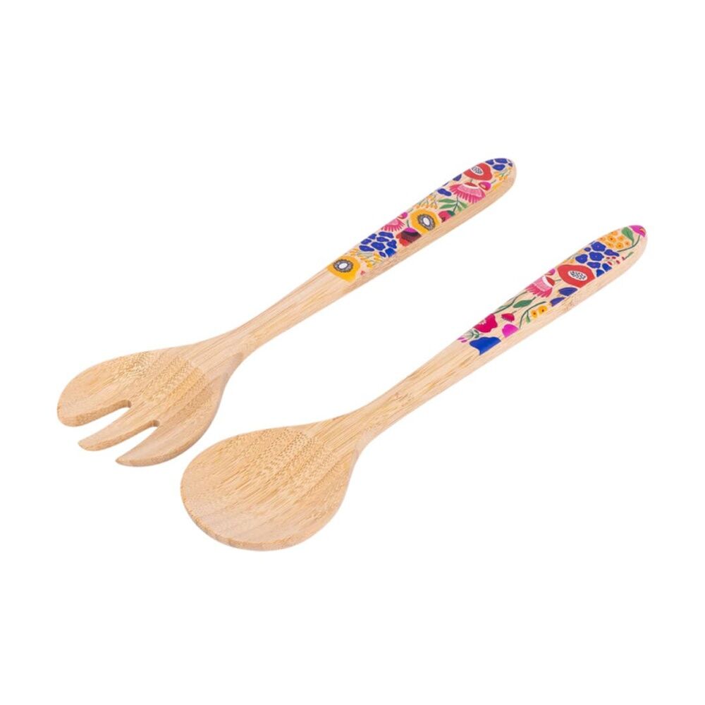 Splosh Billie Salad Servers Bamboo Printed Decal Multi Colour 30x7.5cm