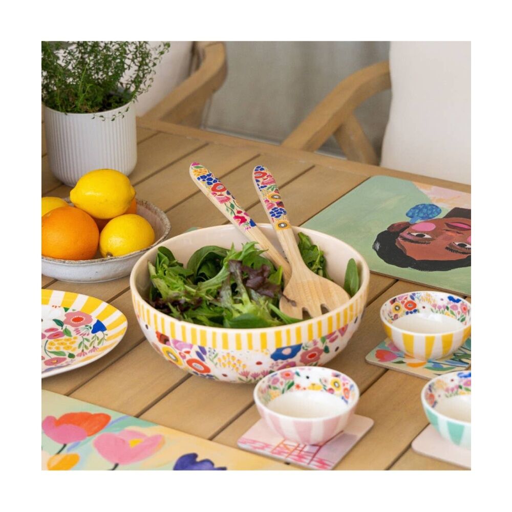 Splosh Billie Salad Servers Bamboo Printed Decal Multi Colour 30x7.5cm