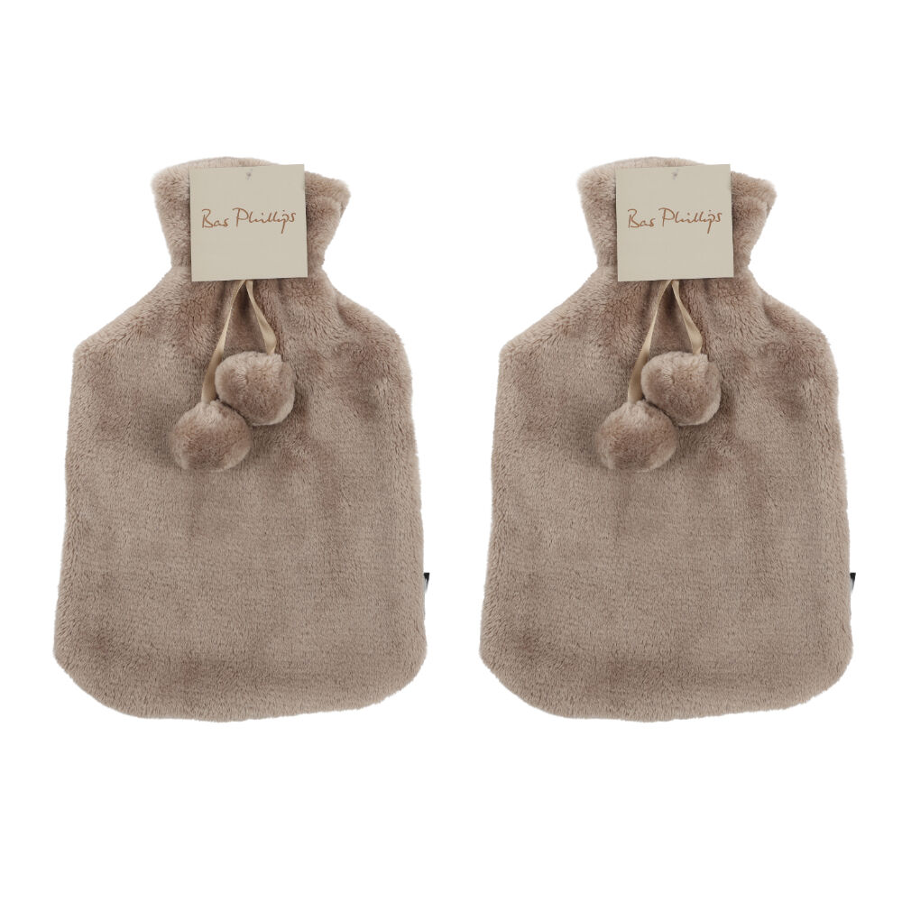 2PK Bas Phillips Faux Mink Hot Water Bottle Cover Stone 2L