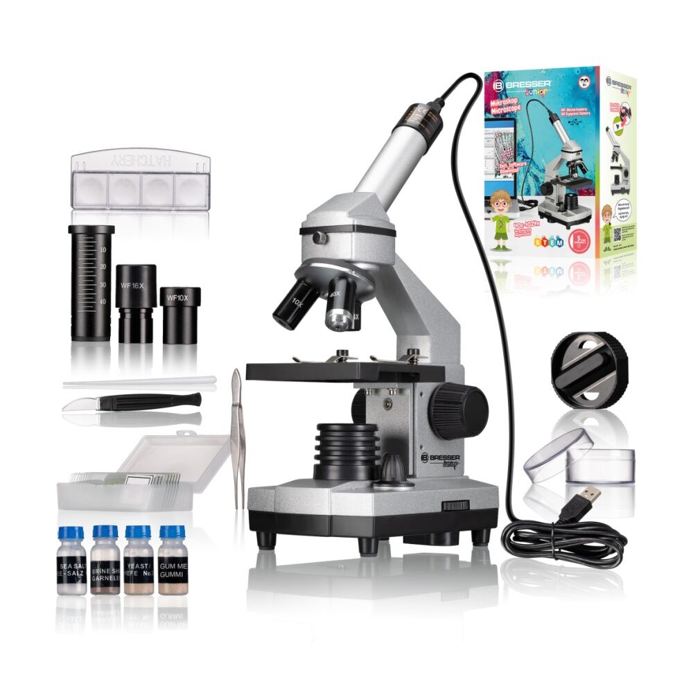 Bresser Junior 40x-1024x Microscope W/ HD Eyepiece Camera Silver 8Y+