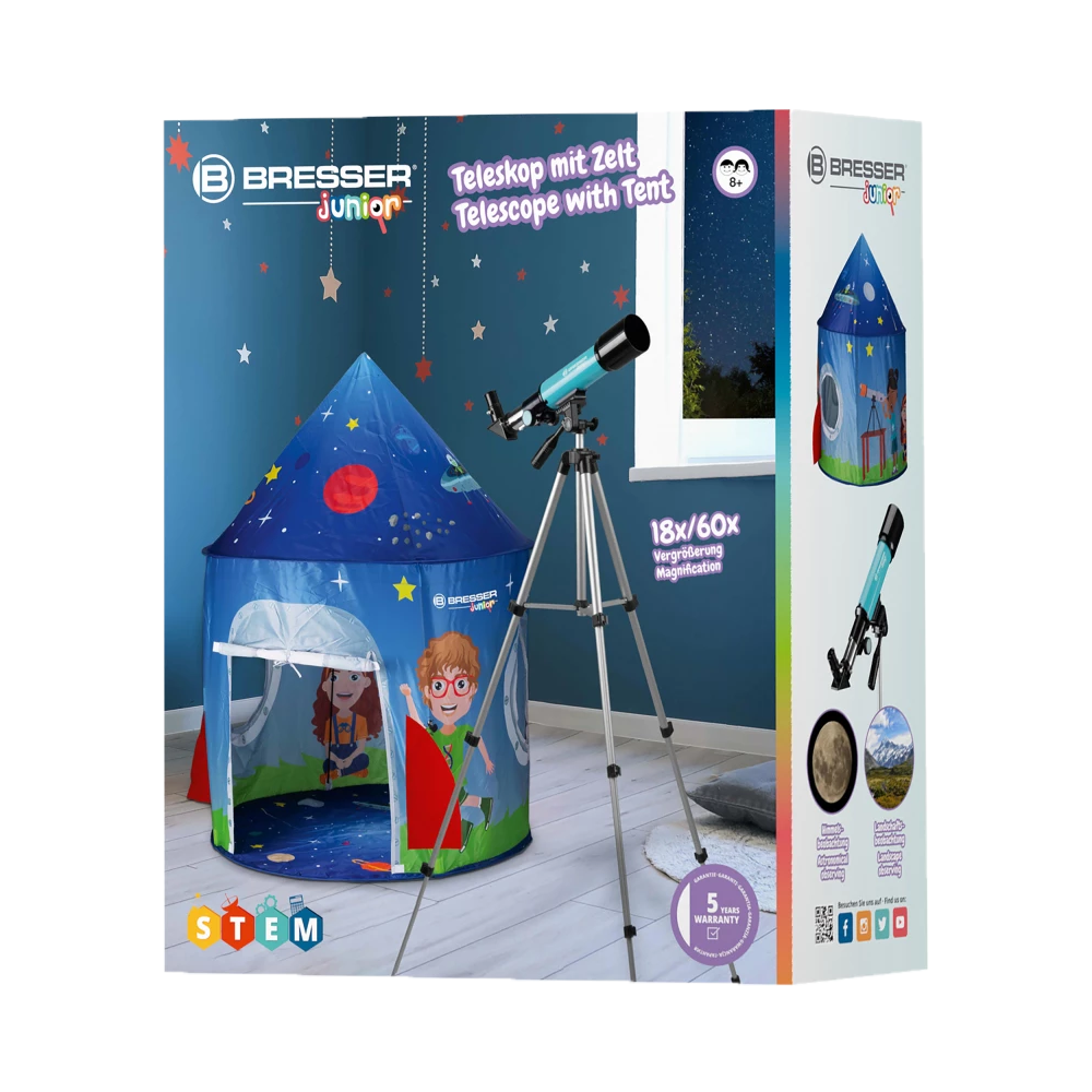 Bresser Junior Kids Telescope 50mm Lens Diameter 360mm Focal Length W/ Tent 8Y+