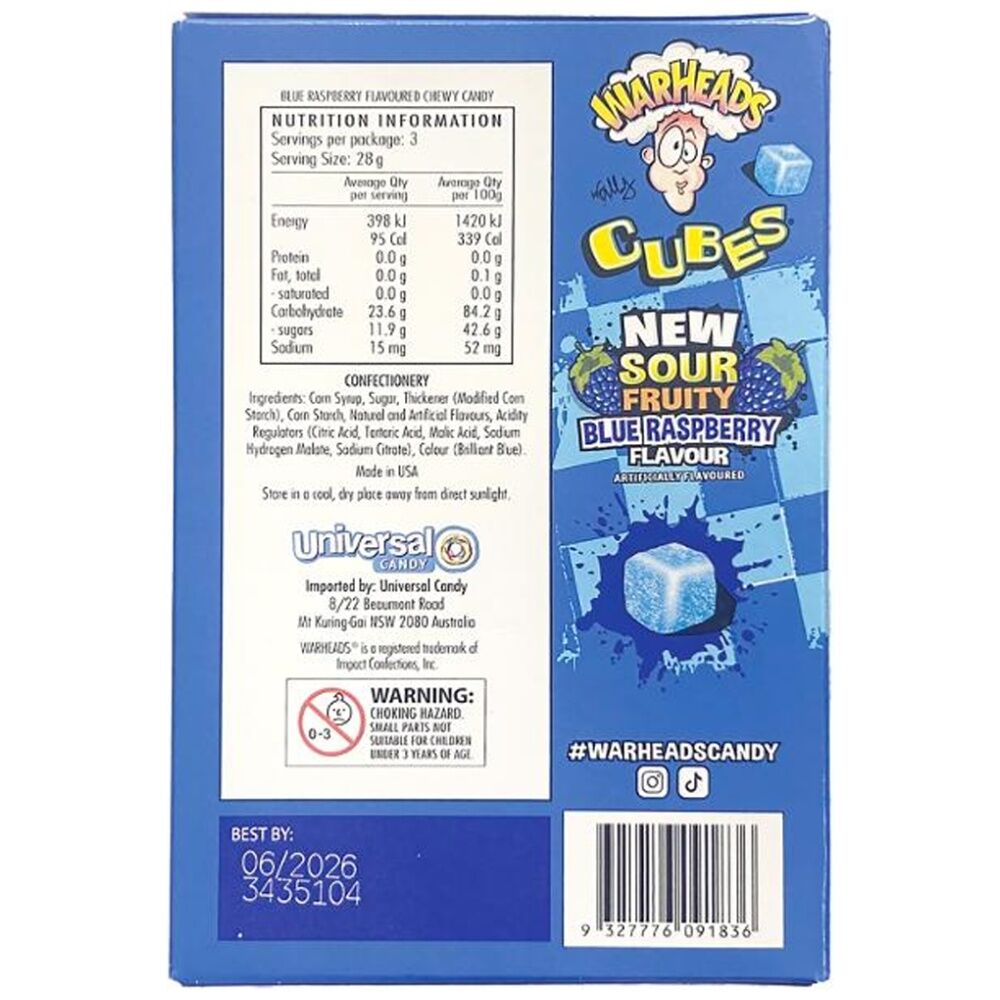 12PK Warheads Theatre Box Sour Blue Raspberry Cubes 85g Fruit Flavour Gummies