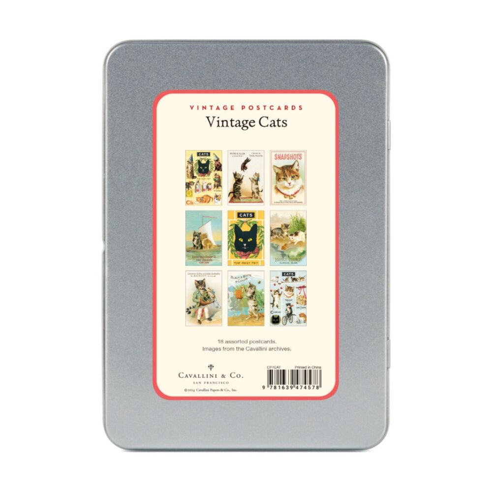 18pc Cavallini Cats Postcard Set Vintage Designs In Keepsake Tin