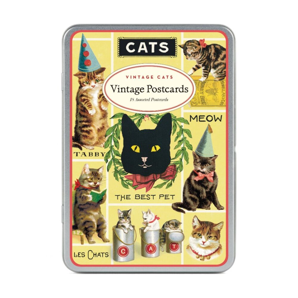 18pc Cavallini Cats Postcard Set Vintage Designs In Keepsake Tin