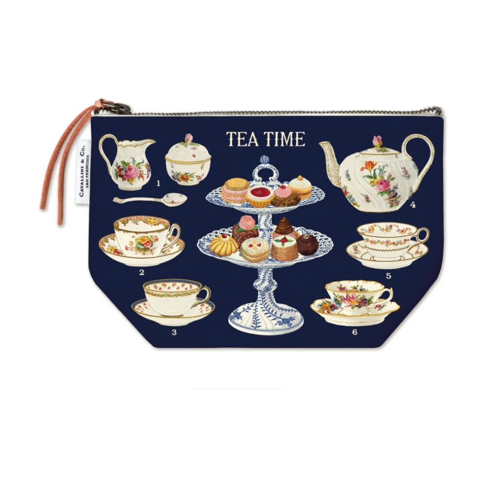 Cavallini Tea Time Zipper Pouch Bag Cotton Vintage Cake Artwork