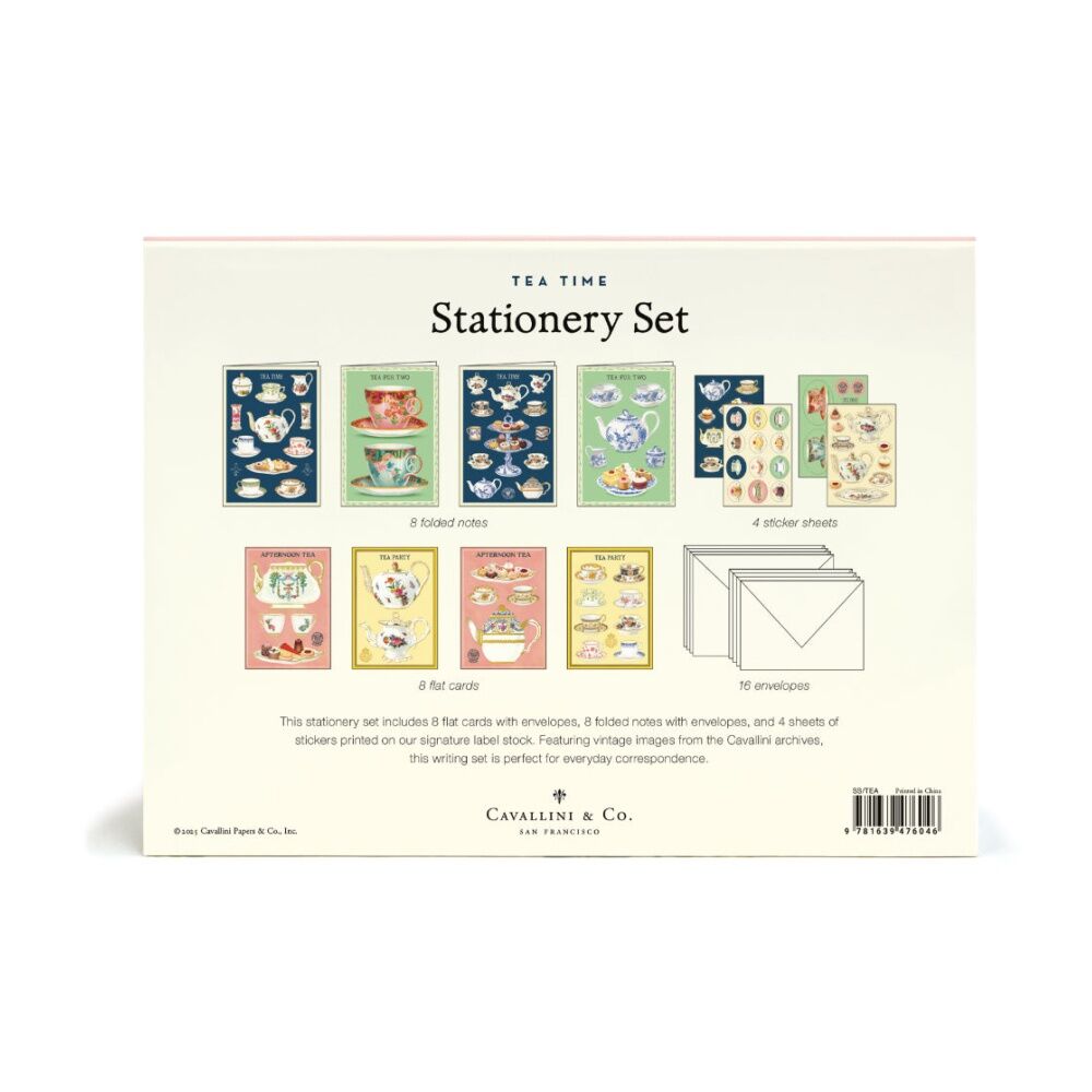 36pc Cavallini Tea Time Stationery Set Vintage Teapots Notes Cards Stickers