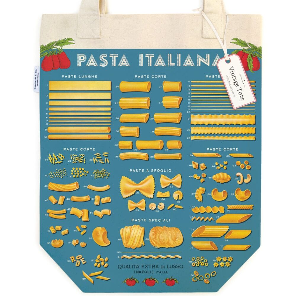 Cavallini Pasta Tote Bag Durable Cotton Vintage Italian Food Artwork
