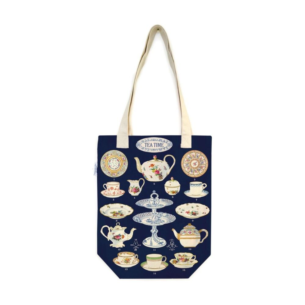 Cavallini Tote Bag Tea Time Vintage Cotton Flat-Bottom Design Accessory