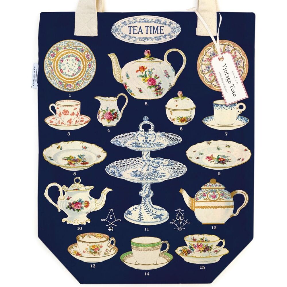 Cavallini Tote Bag Tea Time Vintage Cotton Flat-Bottom Design Accessory