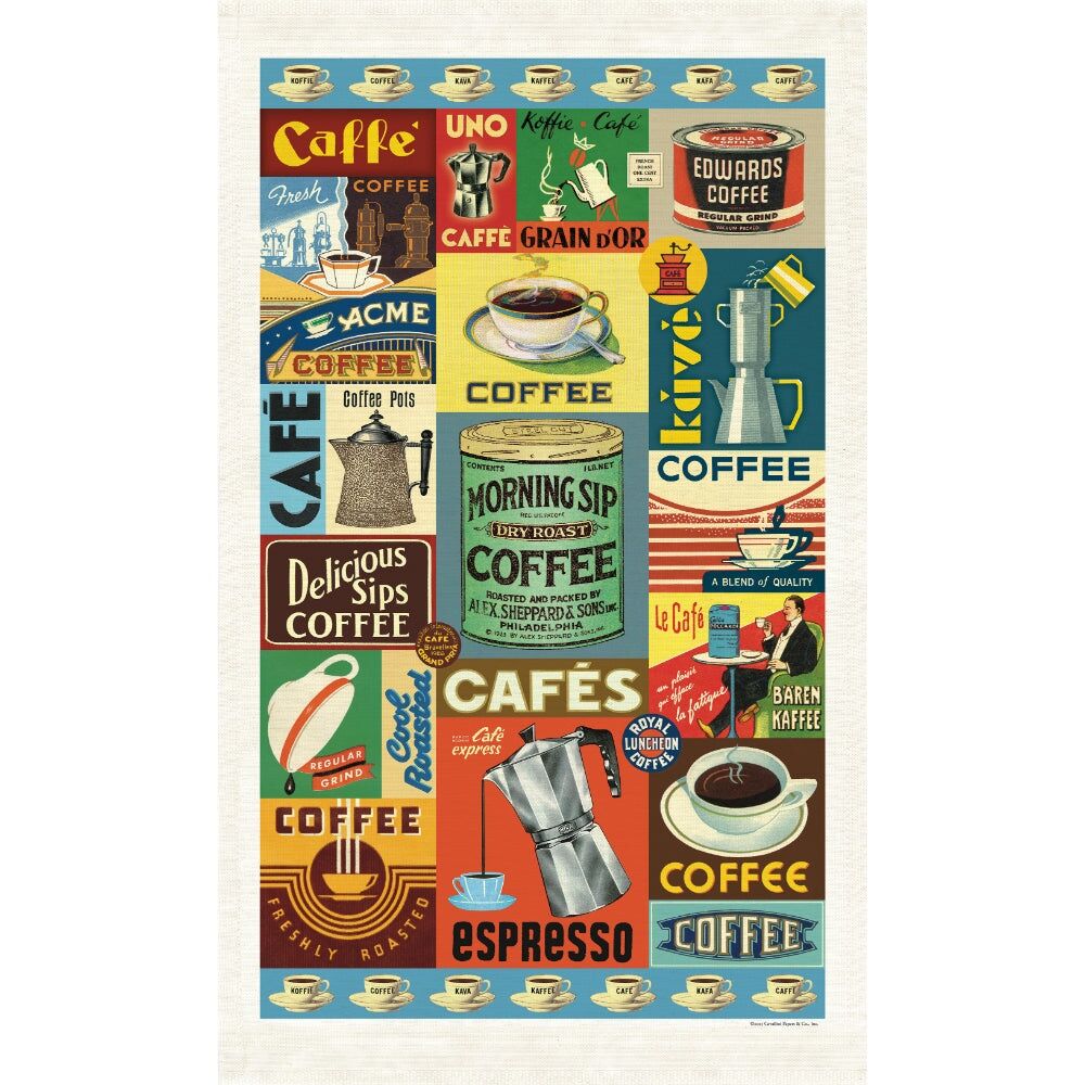 Cavallini Coffee Cotton Tea Towel Vintage Cafe Artwork Kitchen Linens