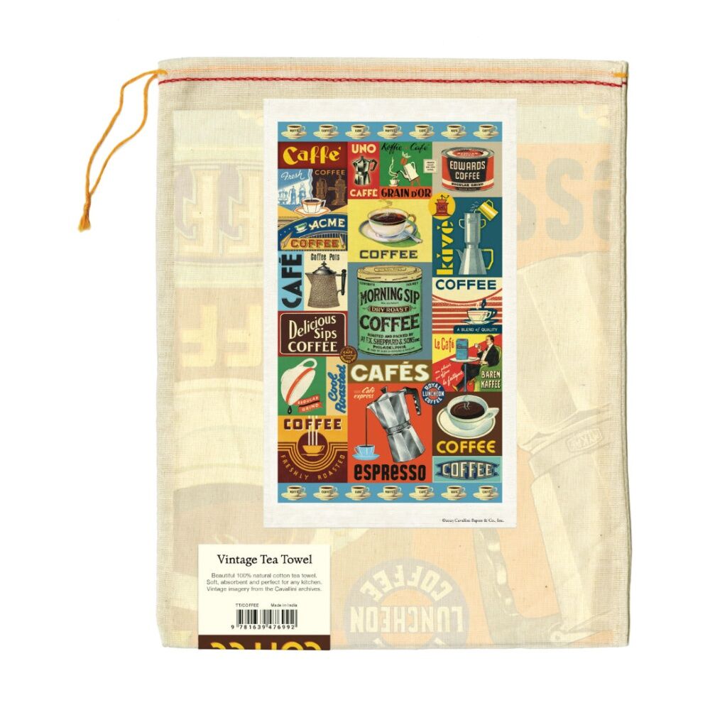 Cavallini Coffee Cotton Tea Towel Vintage Cafe Artwork Kitchen Linens