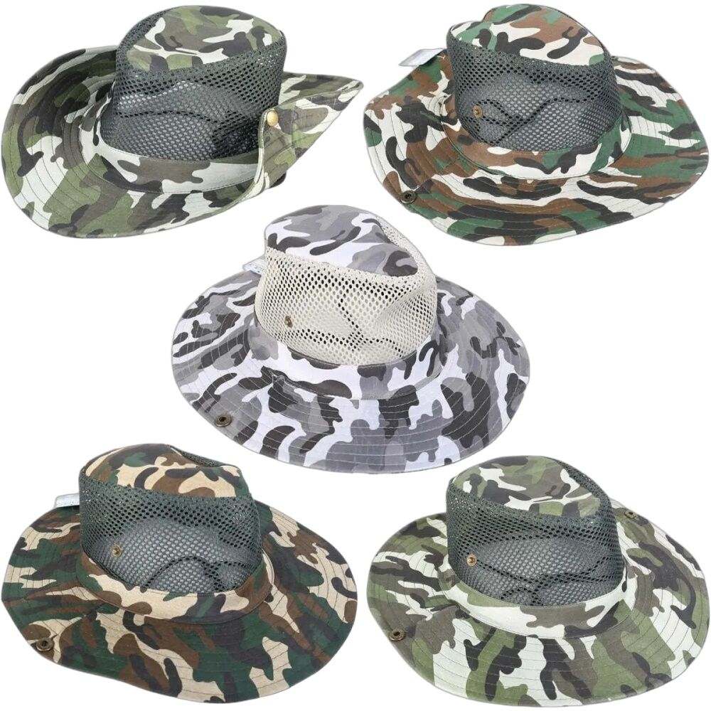 10PK Wildtrak Hat Wide Brim Outdoor Camo With Neck Cord 37cm Diameter