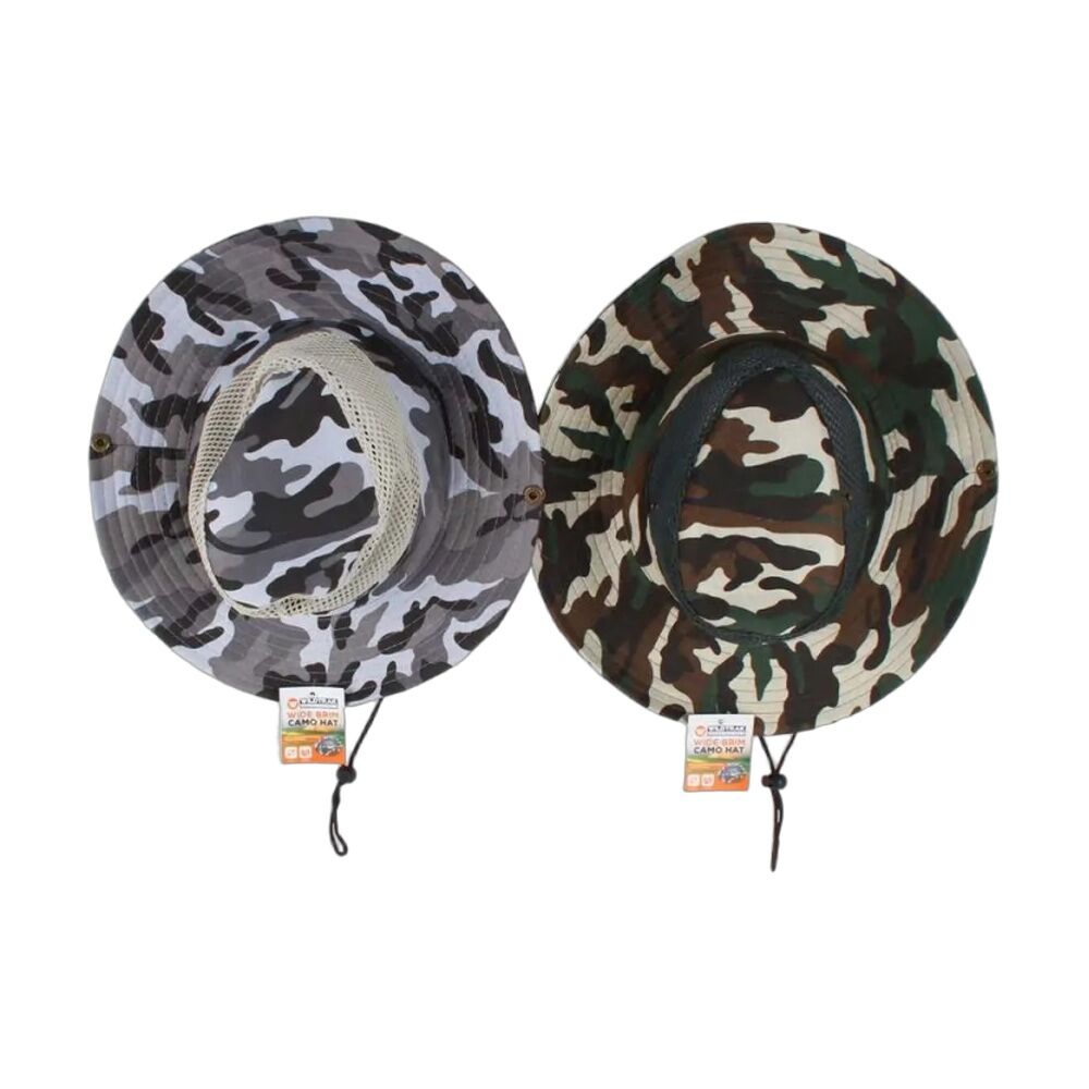 10PK Wildtrak Hat Wide Brim Outdoor Camo With Neck Cord 37cm Diameter