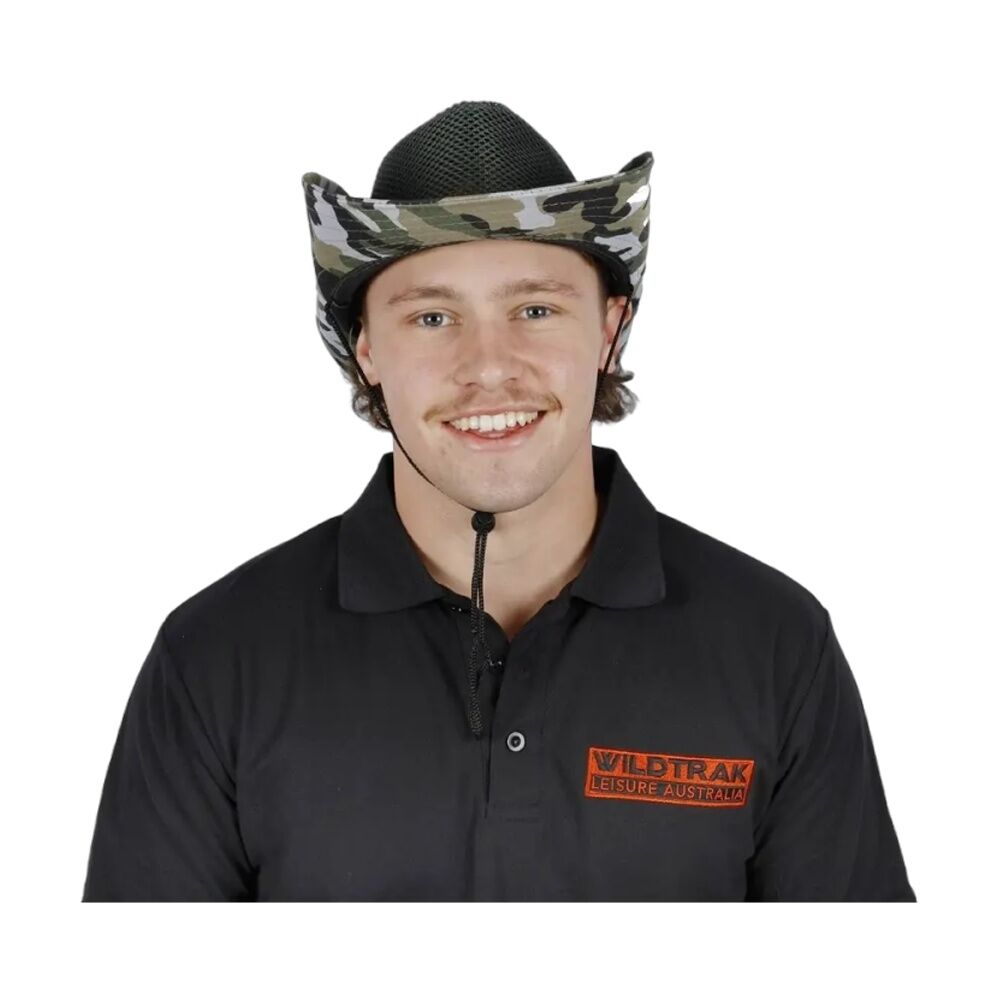 10PK Wildtrak Hat Wide Brim Outdoor Camo With Neck Cord 37cm Diameter