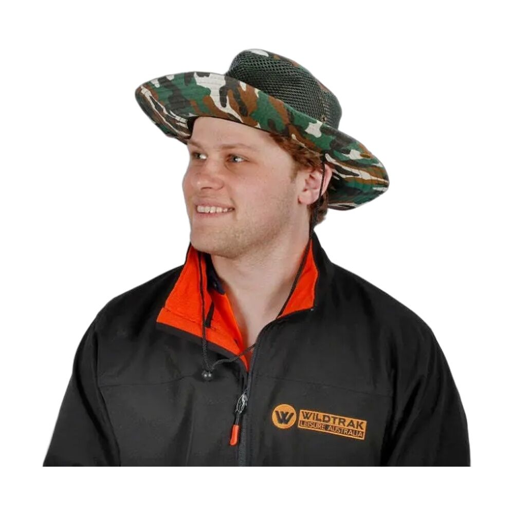 10PK Wildtrak Hat Wide Brim Outdoor Camo With Neck Cord 37cm Diameter