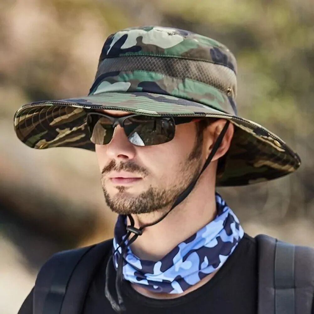 10PK Wildtrak Hat Wide Brim Outdoor Camo With Neck Cord 37cm Diameter