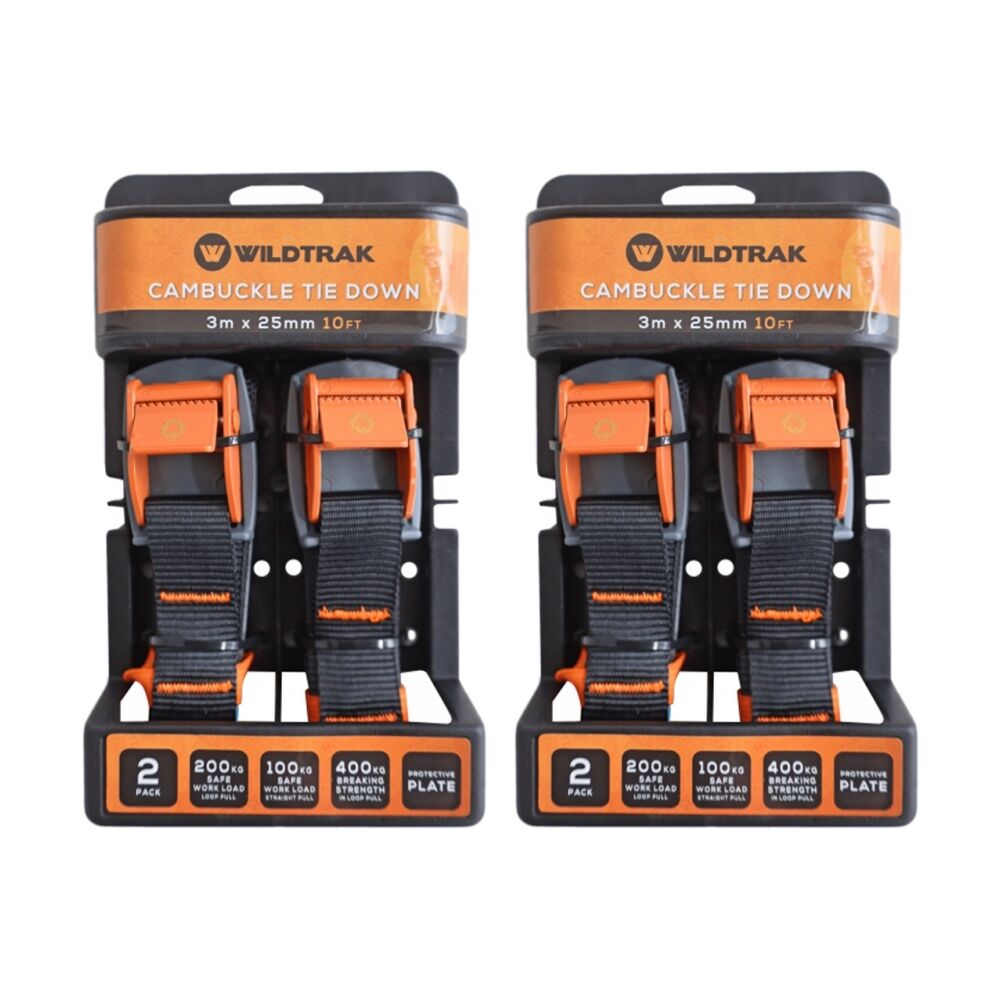 2x 2pc Wildtrak Cambuckle Tie Down Straps Heavy Duty With Protective Plate 3m