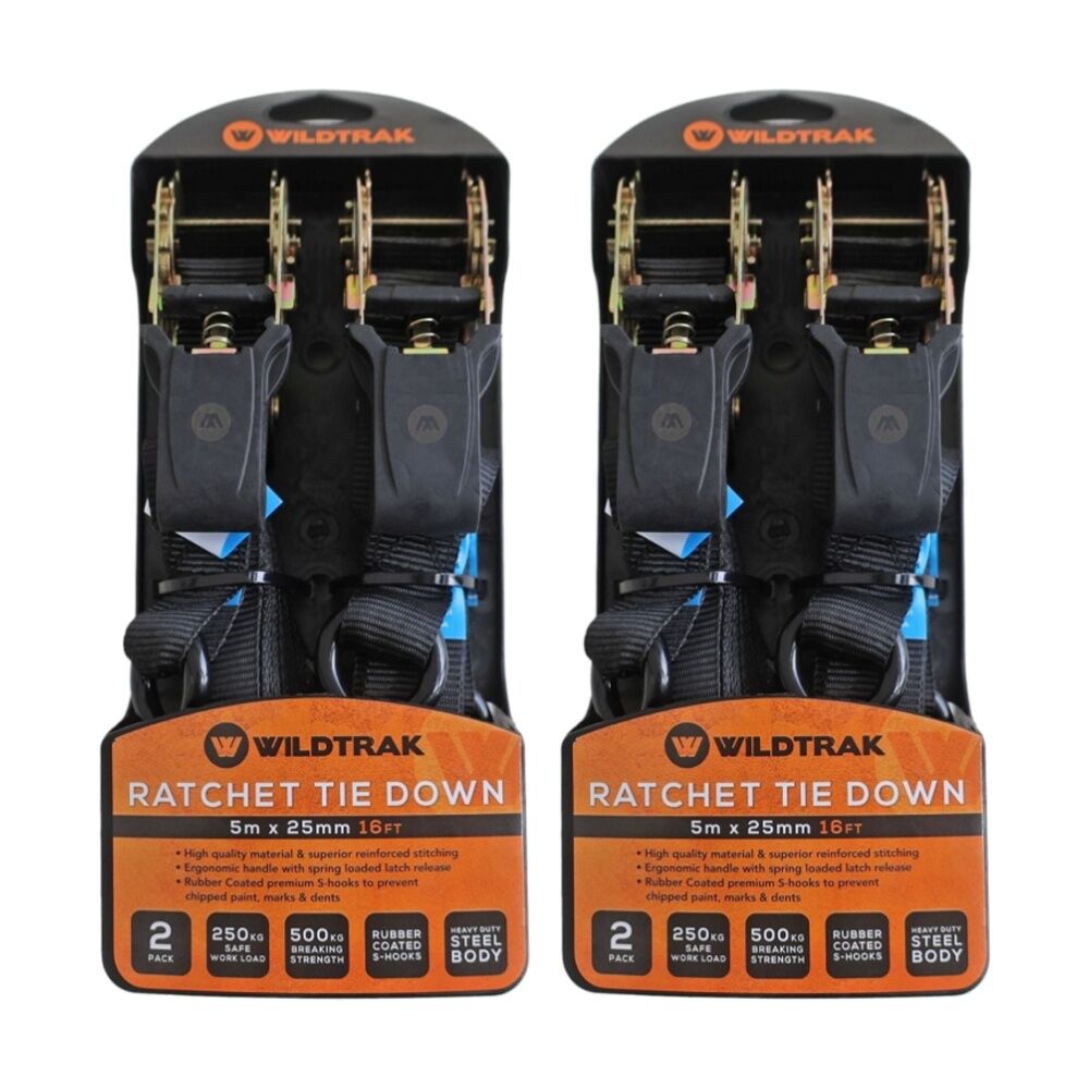 2PK 2pk Wildtrak Ratchet Tie Down Straps Heavy Duty Steel Body 5m x 25mm