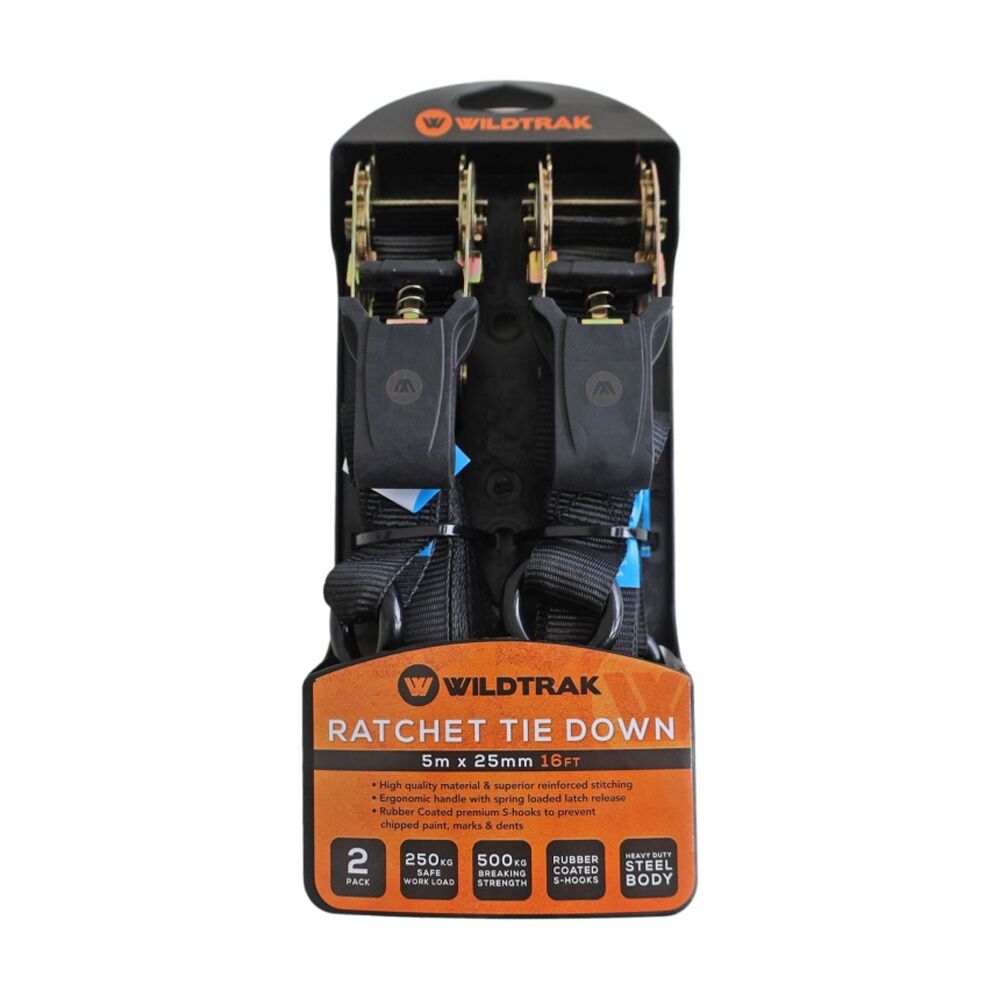 2PK 2pk Wildtrak Ratchet Tie Down Straps Heavy Duty Steel Body 5m x 25mm