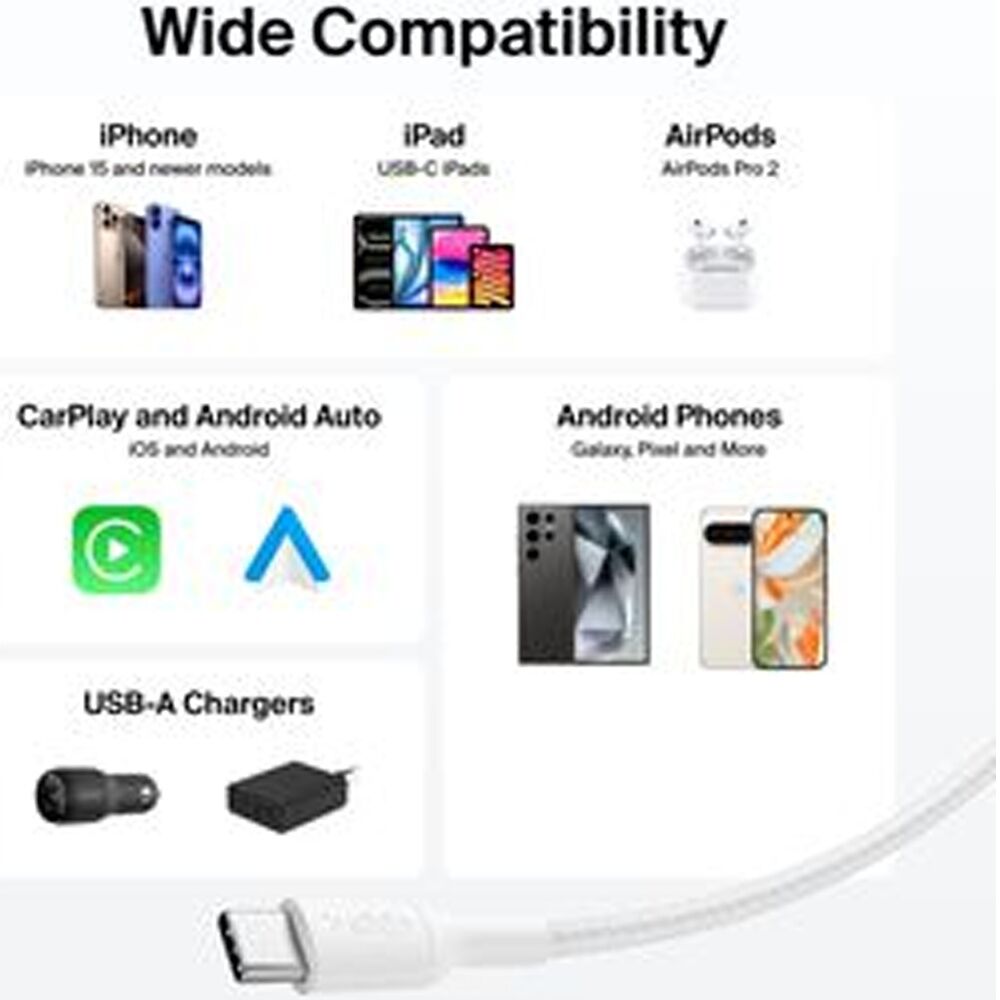 2PK Belkin BoostCharge Pro Braided USB-A to USB-C Charging Cable 2m White