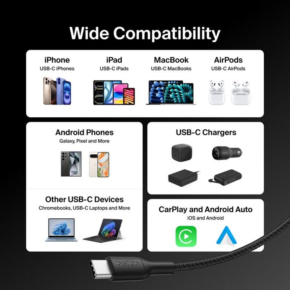 2PK Belkin BoostCharge Pro 240W Braided USB-C to C Charging Cable 2m Black