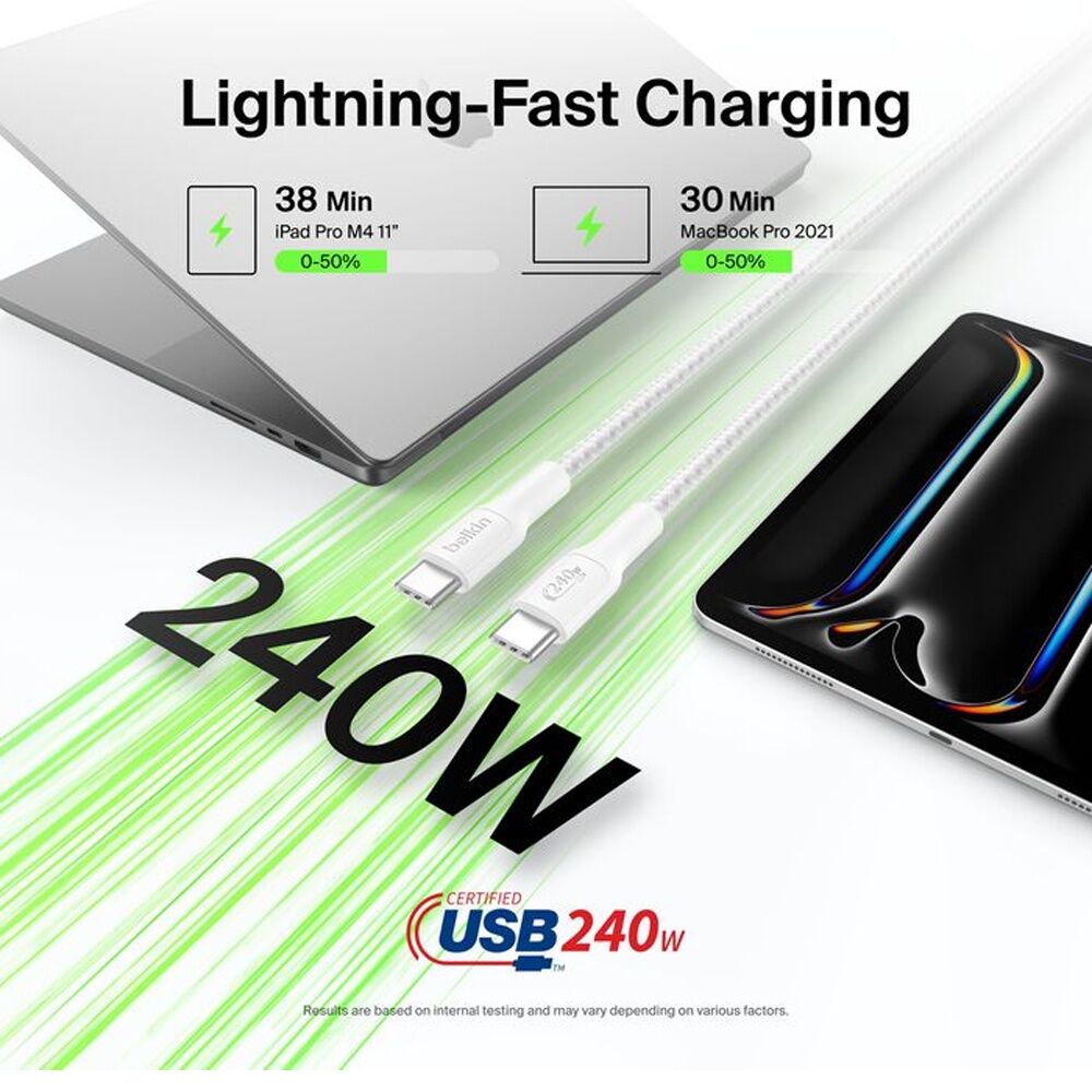 2PK Belkin BoostCharge Pro 240W Braided USB-C to C Charging Cable 2m White