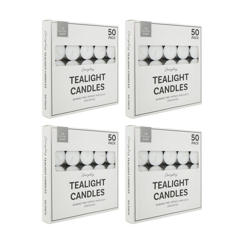 4x 50pc The Styled Room 4 Hour Unscented Tealight Candles Home Fragrance White
